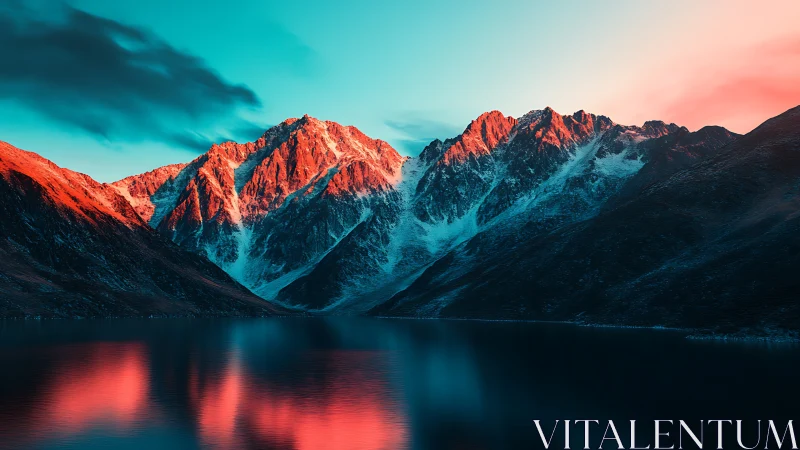 Alpine cirque lake under cyan sky and red sunrise alpenglow