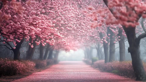 Cherry blossom tree tunnel over quiet pink-lined path.