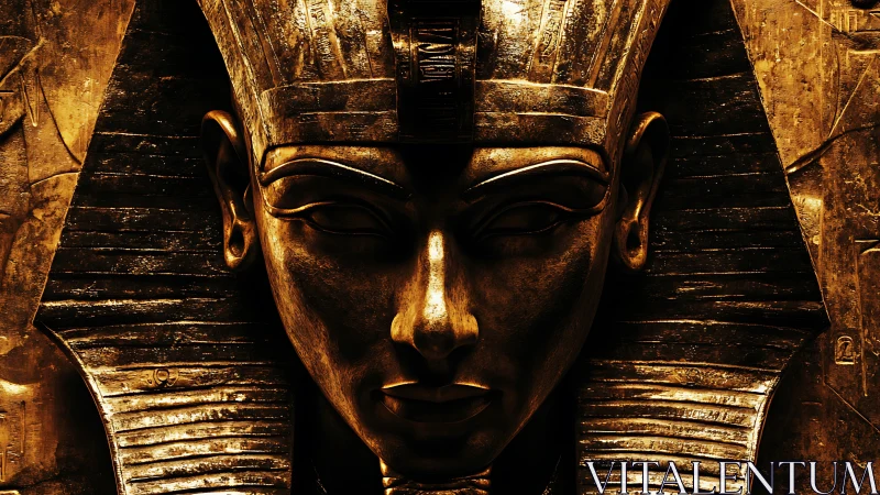 Golden Egyptian pharaoh mask in dramatic frontal closeup.