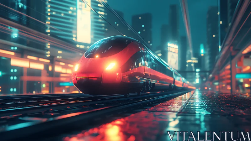 High-speed train traverses neon-lit cyberpunk city platform