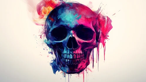 Multicolored human skull illustration with dripping paint.