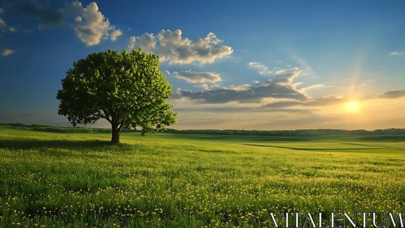 Solitary deciduous tree on sunlit meadow at golden hour