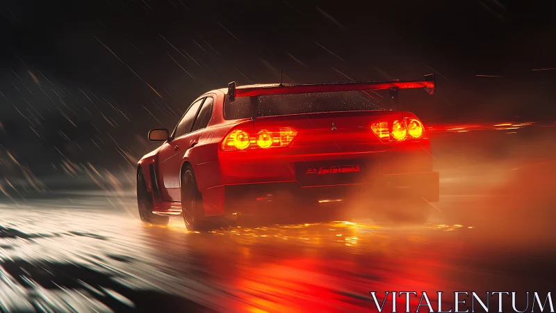 Red sports car accelerates on wet road with glowing streaks