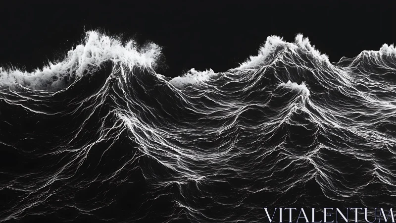 Electric tide surges in monochrome luminous ocean waves.