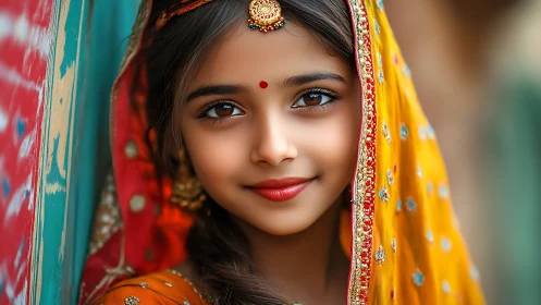 Portrait of girl in traditional embroidered yellow dupatta.