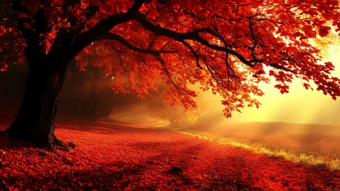 Glowing autumn path under a canopy of fiery red leaves.