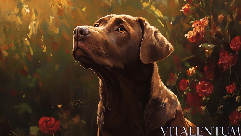 Golden-eyed dog dreaming in a sunlit garden of roses.