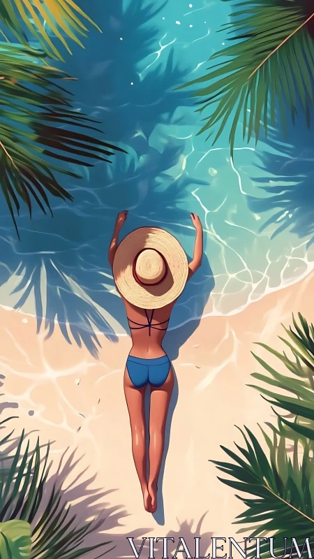 Sunlit shore daydream with a hat, waves, and palm shade.