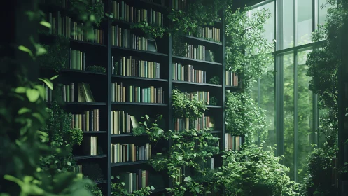 Lush indoor library wall merging bookshelves with greenery.