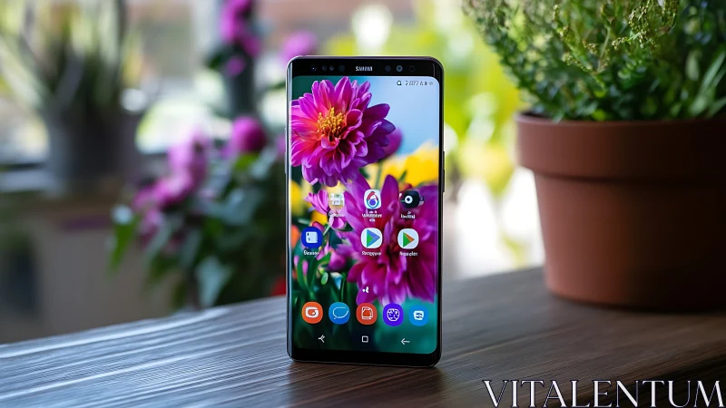Samsung smartphone displaying vibrant dahlia wallpaper with home screen apps.