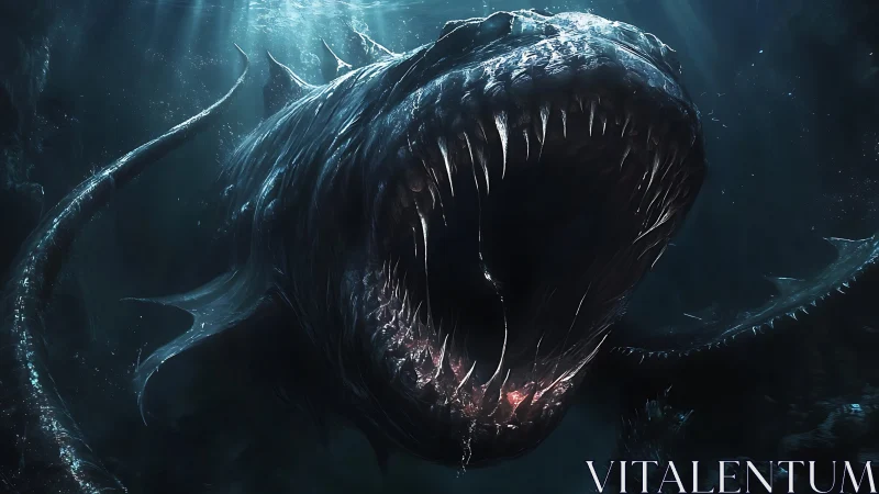 Deep sea leviathan rising from the shadows with fierce power.