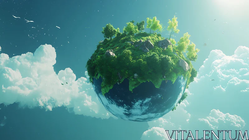 Floating spherical island with dense forest in bright sky