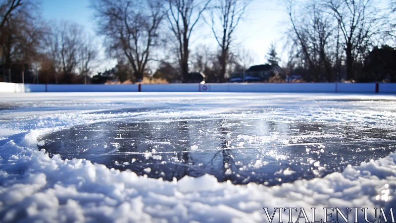 Sunlit backyard ice rink waits for fresh-cut winter magic.