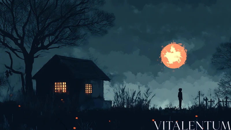 Child watches eerie moon beside lonely house at night.