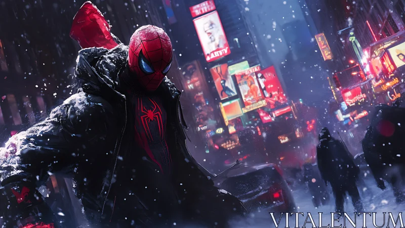 Spider-themed vigilante in snowy neon city street at night.