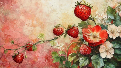 Strawberries with flowers on textured pastel oil canvas.