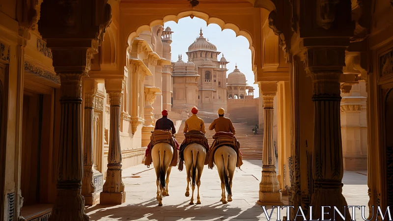 Three riders on horses move through ornate sandstone arch