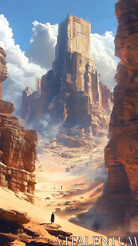 Colossal stratified desert megastructure rises amid eroded canyon