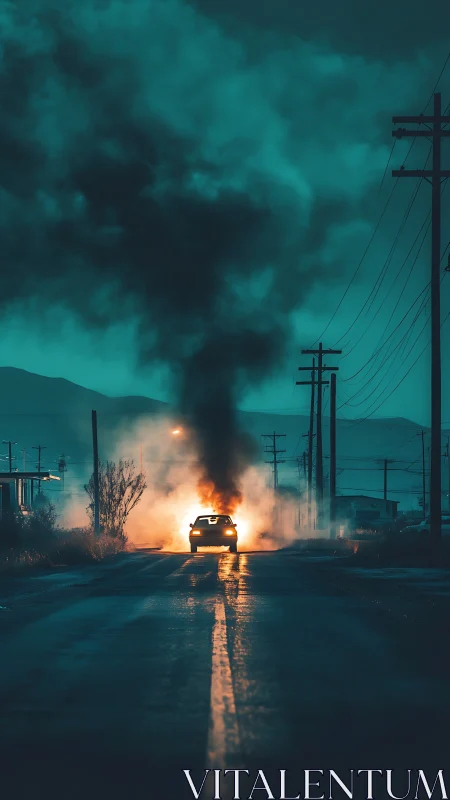 Lone car aglow on a smoky night road in teal dusk.