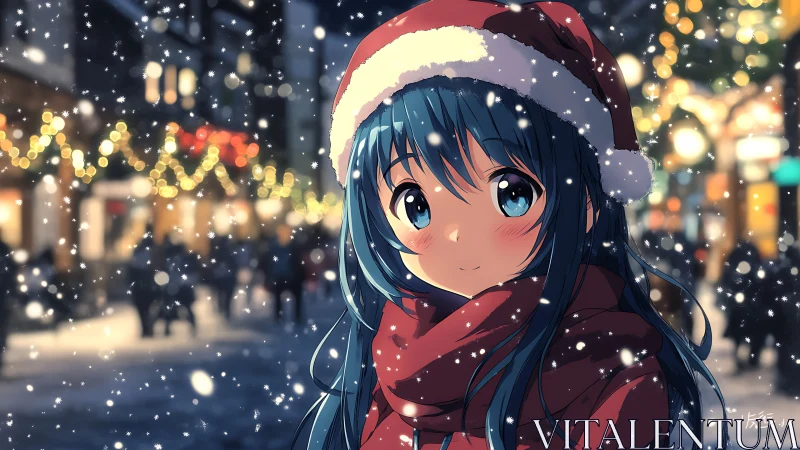 Blue haired anime girl in red Santa outfit on snowy street