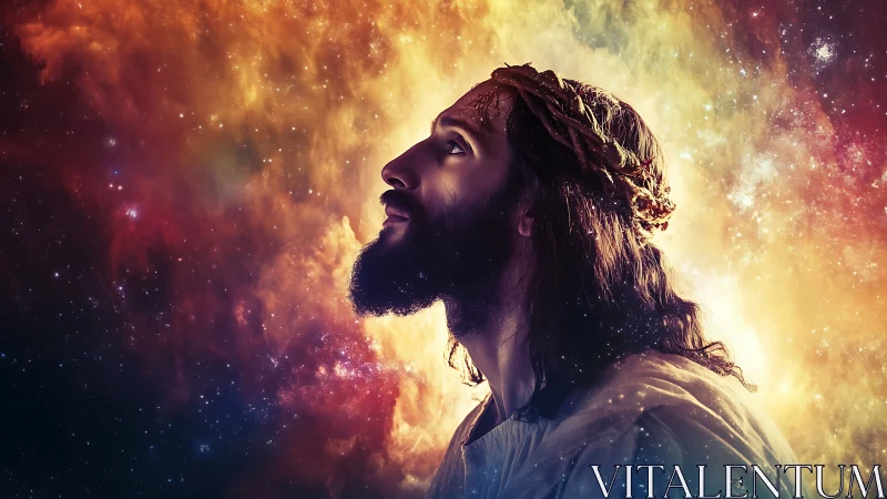 Radiant robed figure gazes upward amid glowing cosmic light