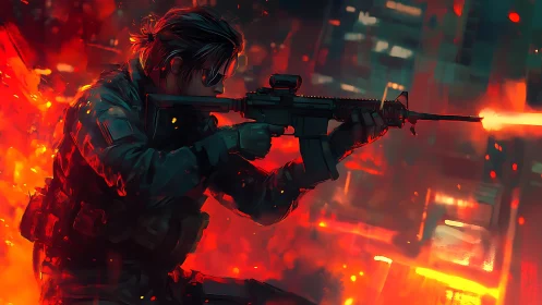 Soldier aims rifle amid intense urban firestorm at night.
