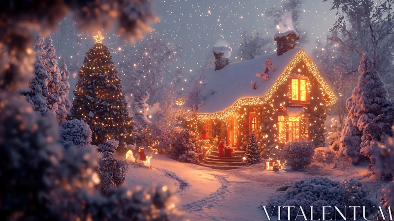 Snowy cottage glows under magical Christmas lights at dusk.