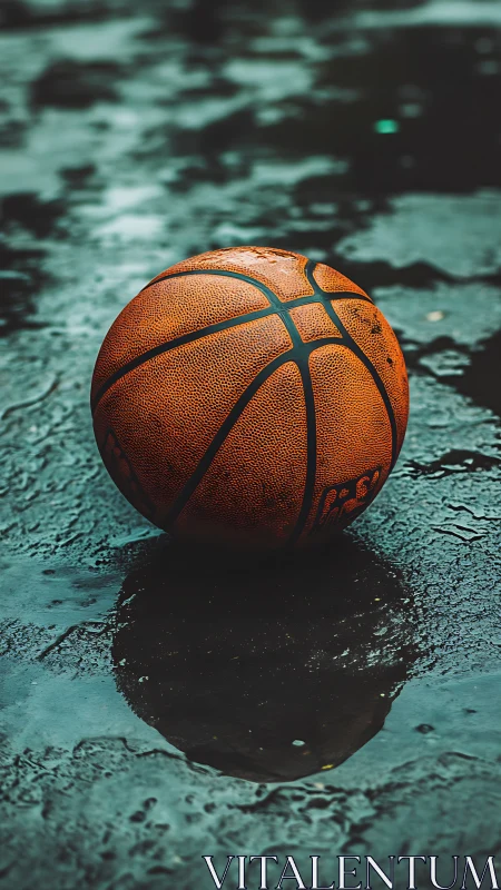 Rain-soaked streetball waits quietly in a puddled reflection