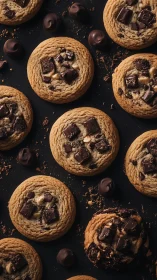 Chocolate chunk cookies form tight grid on dark background