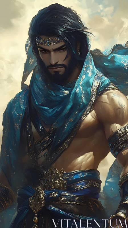 Regal desert warrior gazes ahead in shimmering blue silk