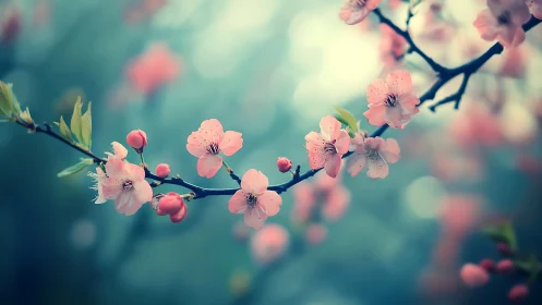 Cherry Blossoms on Branch with Soft Focus.