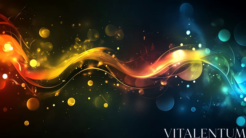 Colorful light waves curve across dark abstract background