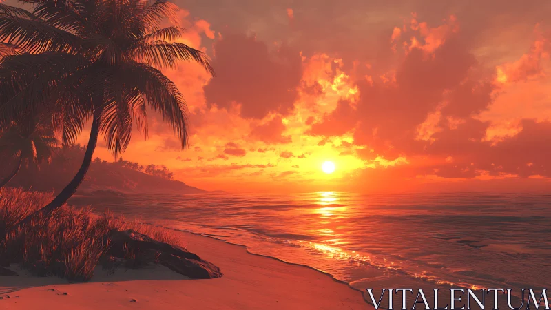 Tropical shoreline with palm trees at vivid orange sunset.