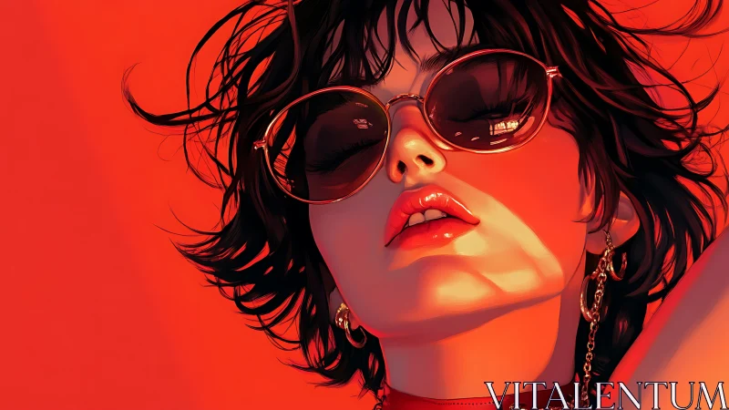 Sultry woman in sunglasses poses under intense red light