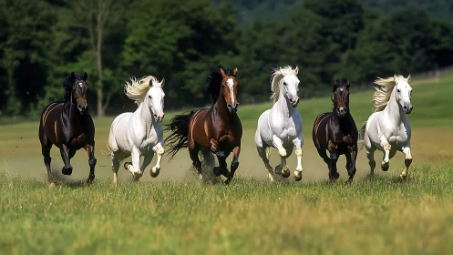 Galloping chorus of horses racing across wild green meadows.
