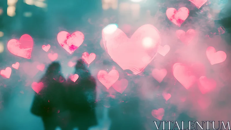 Ethereal Heart Bokeh Composite with Dual Figure Silhouettes and Teal-Pink Gradient Overlay