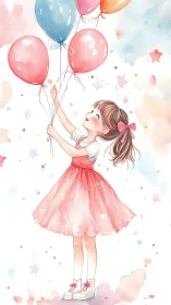 Young Girl Ascending With Multicolored Balloons in Watercolor Style.