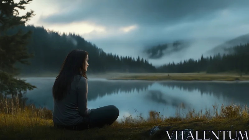 Solitary figure sits by mist-covered forest lake at dawn