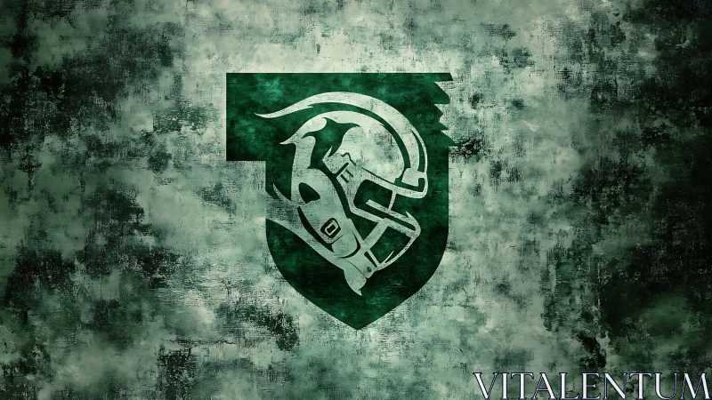 Grunge-textured green football crest with stylized helmet emblem