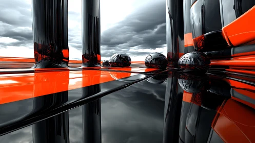 Chromed pillars over neon horizon in reflective stormscape.