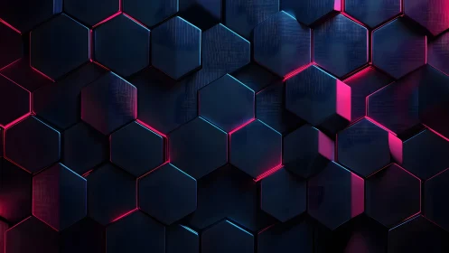 Futuristic hexagonal 3D wall pattern with neon blue and pink lighting.
