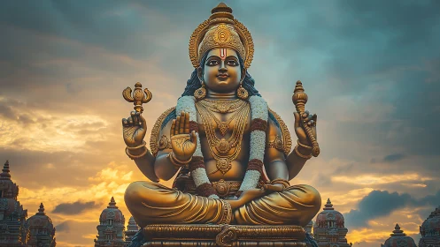 Golden temple deity at sunrise holding quiet morning light.