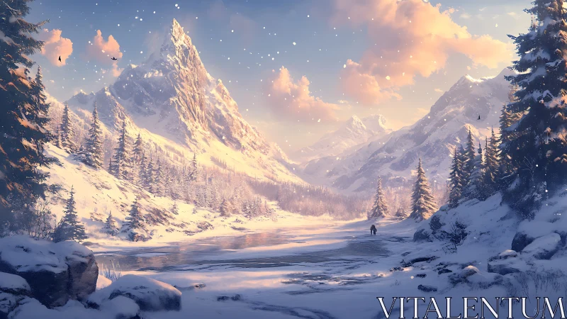 Snow-dusted mountains cradle a lone wanderer at sunrise glow