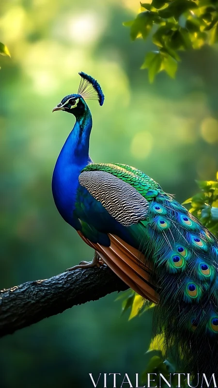 Iridescent peacock on branch with bokeh forest background