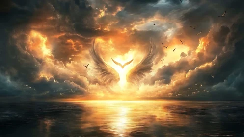 Heavenly wings rise over a glowing ocean sunset sky