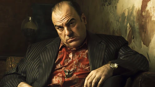 Brooding middle aged man slouches in dim vintage room