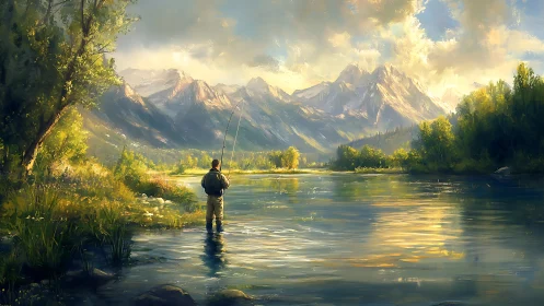 Solitary fly fisherman stands in glowing alpine river at dawn