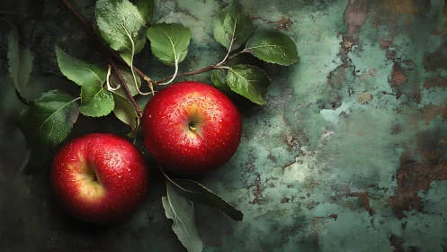 Red apples with leaves on textured green surface still life.
