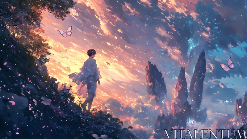 Solitary figure on twilight cliff facing luminous floating spires