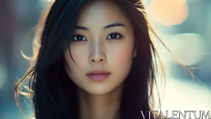 Serene young woman gazes into soft urban evening light